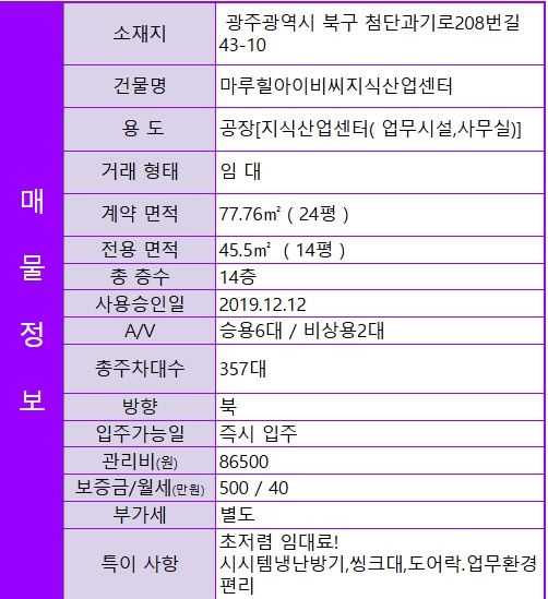 ✅ 마루힐아이비씨지식산업센  업무시설  임대  전용 14평